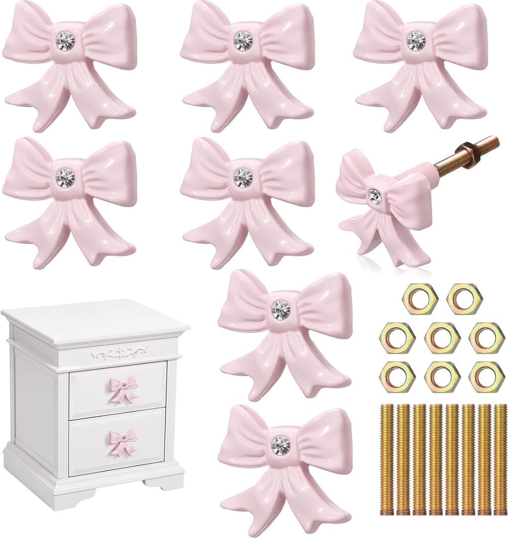 MorningRo 8 Pcs Pink Bow Dresser Knobs Cast Iron Coquette Bow Drawer Knobs Cabinets Hardware Pulls Decorative Vintage Handles for Nursery Girls Room Vanity Bedroom Home Desk Wardrobe