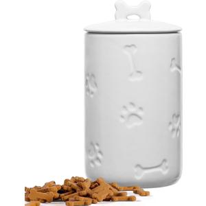 Dog Treat Container Airtight - 9"x5" Large Ceramic Dog Treat Jar for Kitchen Counter, White Dog Cookie Jar with Lid - Farmhouse Style Dog Food Storage Container for Dogs, Cats, Pets