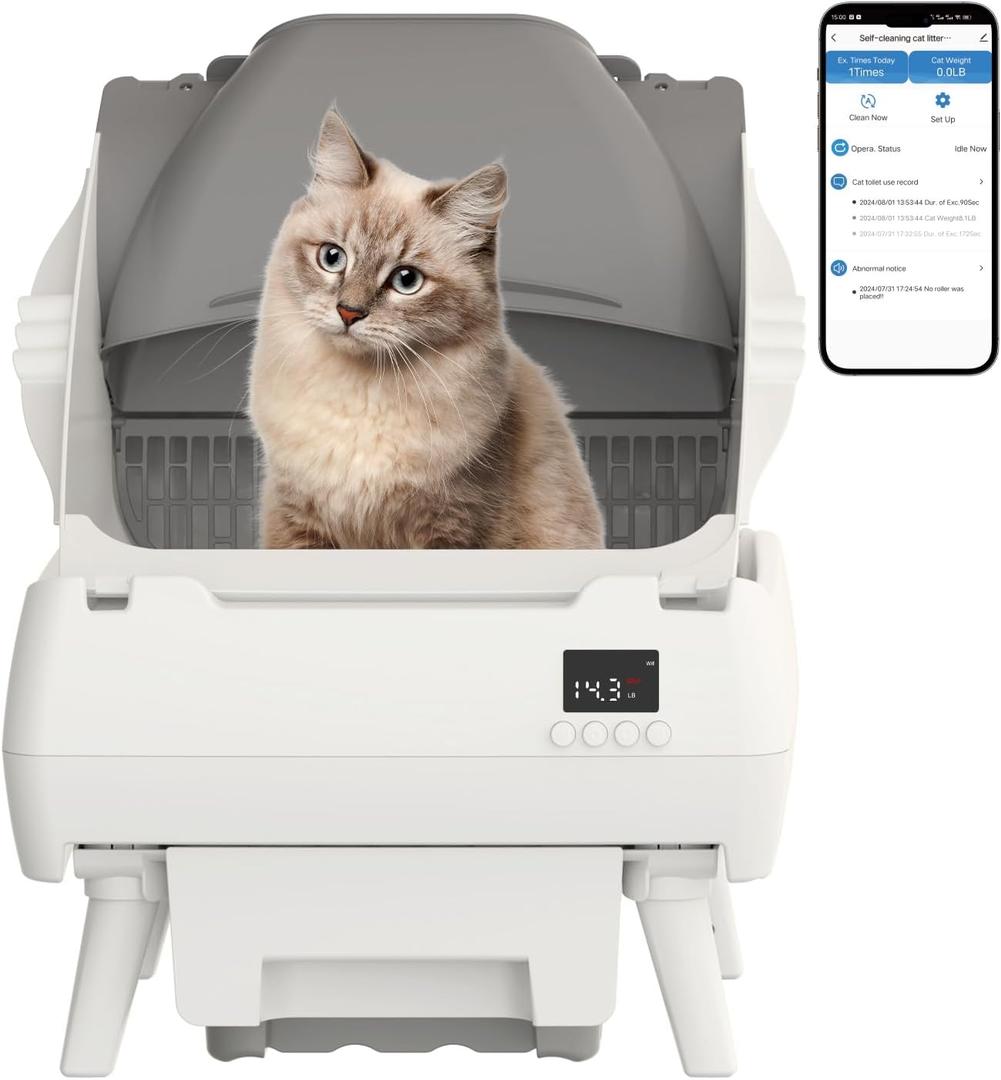 Automatic Cat Litter Box Self Cleaning - App Control, Open-Design, Smart Health Monitor, Suitable for Medium Cats and Kittens, Anti-Pinch Safety, Quiet Operation - White