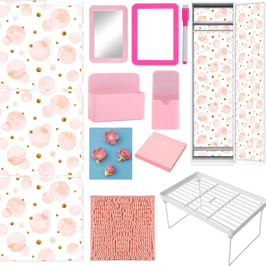 20 Pcs Locker Accessories, Locker Organizer with Shelf Magnetic Wallpaper Mirror Pen Holder Rug Whiteboard Dry Erase Marker Pink Flower Magnets Hooks for Office Back to School Supplies