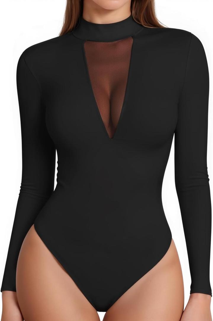 MANGOPOP Long Sleeve Body Suit Mock TurtleNeck Bodysuit for Women Mesh Deep V Bodysuit Tops (Large, 01 Black)