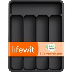 Lifewit Silverware Drawer Organizer Tray, Plastic Cutlery Storage for Kitchen Drawer, Flatware and Utensil Holder Divider for Spoons Forks Knives Tableware, 5 Compartment, Black (9.1 x 12.6 inch (5 Slots))