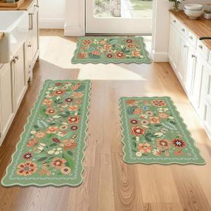 Tinideya Floral Kitchen Rug Set of 3 Boho Farmhouse Area Rugs Sage Green Washable Door Mat for Entryway Kitchen Floor Bathroom Laundry Front Porch Decor 17"x47"+17"x29"(Green)