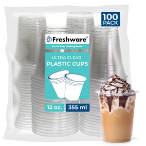 Freshware 12 oz Clear Disposable Plastic Cups, 100 Pack Clear Plastic Cups Tumblers, Heavy-duty Party Glasses, Disposable Cups for Thanksgiving, Halloween, Christmas Party