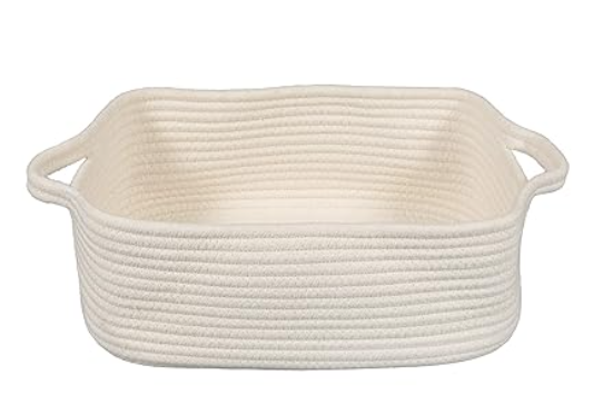 XUANGUO Woven Cotton Rope Storage Basket with Handles for Organizing Shelves Closet Small Cat Dog Pet Toy Baskets Box Bin Decorative Rectangle Baby Nursery basket Gift basket Empty(white) 