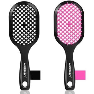 Aussumy Vented Detangling Hair Brush - 2 Pack Detangler Hairbrush for Effortless Tangle Removal - Ultra-Soft Bristles -For Natural Curly Straight Wet Dry Damaged Hair for Women Men Kids - Black & Pink
