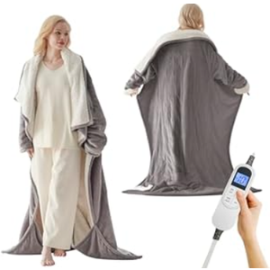 Electric Blanket Wearable with Foot Pockets & Sleeves, Electric Heated Snuggle Blanket, Flannel & Sherpa Heating Throw with 10 Heat Settings, 1-12 Hours Auto Shut-Off, 50"70", Beige