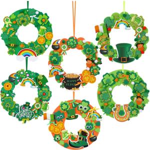12 Sets St. Patrick's Day Foam Wreath Craft Kit, St. Patrick's Crafts Kits DIY Shamrock Foam Stickers Hanging Door Home Classroom Activities Decor Arts Crafts (Multicolor)