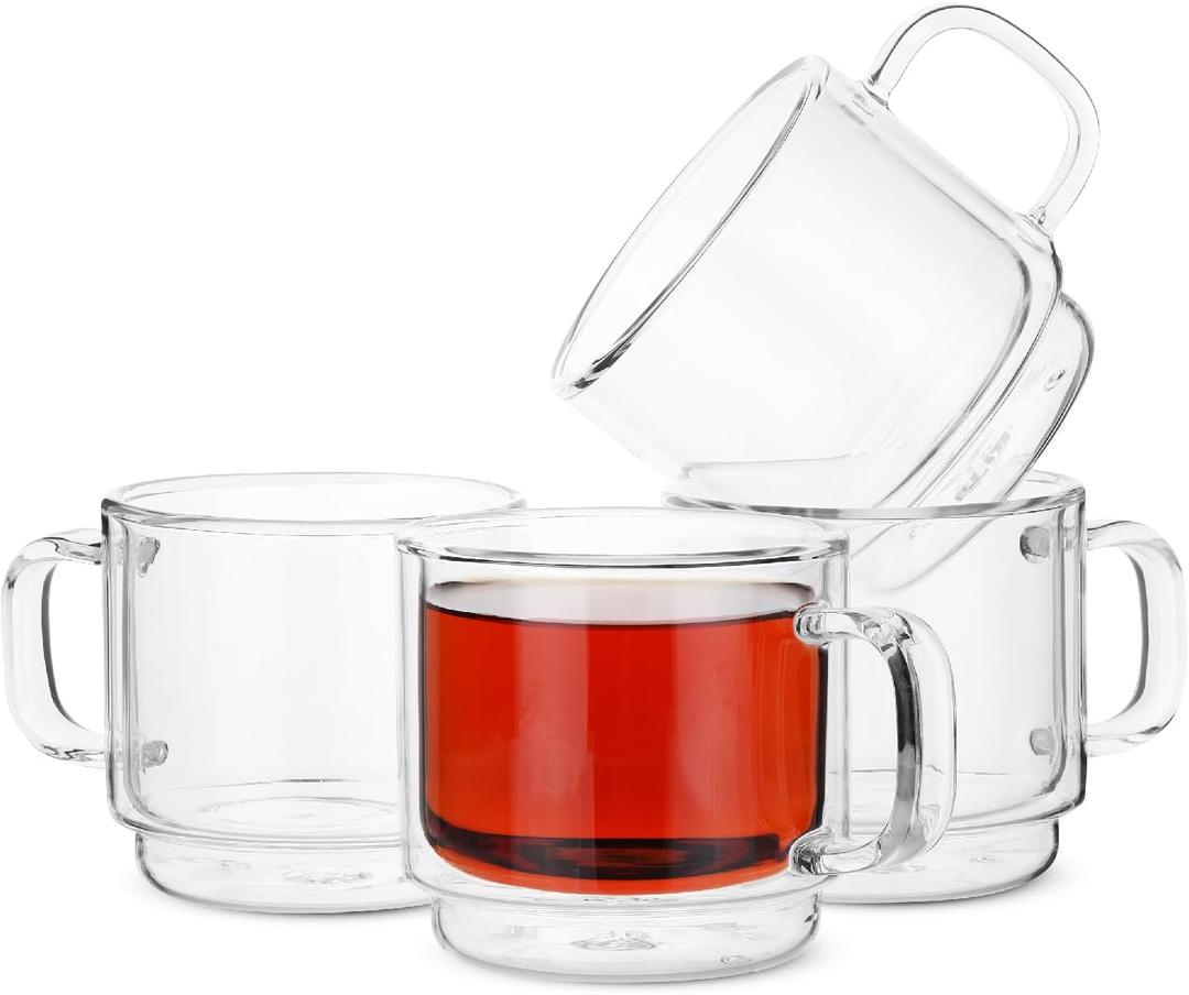 TaT- Stackable Insulated Coffee Mugs, Glass Tea Mugs, Set of 4 (12 oz, 350 ml), Double Wall Glass Coffee Cups, Tea Cups, Latte Cups, Beer Glasses, Latte Mug, Clear Mugs