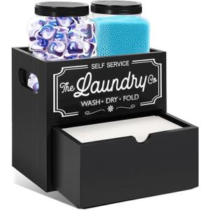 Laundry Pods Container, 7.8 x 5.1 x 6.7 Inches Wooden Dryer Sheet Container, Rustic Containers Storage Box, 2-Tier Storage Box with Drawer for Dryer Sheets and Pods (Black)