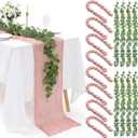 Leinuosen 8 Set 10 Ft Light Pink Cheesecloth Table Runner Easter Spring Decor with 6 Ft Eucalyptus Garland, Boho Gauze Table Centerpiece Runner for Wedding Baby Shower Birthday Party Decor