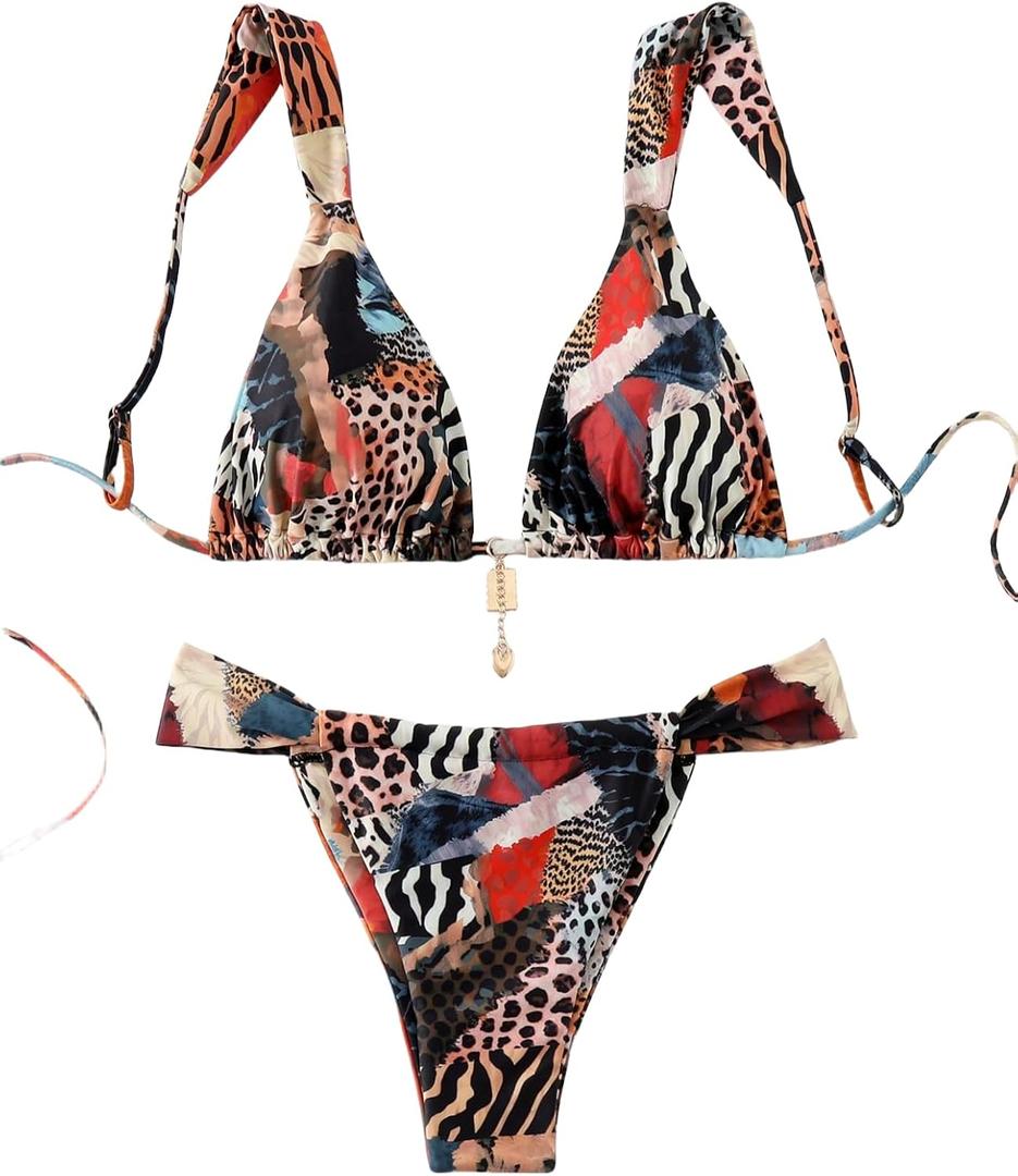 QJQ Women's 2 Piece Cheeky Bikini Sets Leopard Print Tie Back Bathing Suit Sexy Triangle Swimsuit Leopard Small