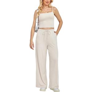 Yulaviniee Women 2 Piece Lounge Set Summer Outfits Top & Wide Leg Pants