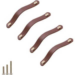 4 Pack Soft Genuine Leather Drawer Pulls Handle,Wardrobe Cabinets Kitchen Closet Knobs Door Pulls Handles knobs with Screws,Home Decoration, Handmade (4 Pack, 5.6" - Brown) (4 Pack, 5.6" - Brown)