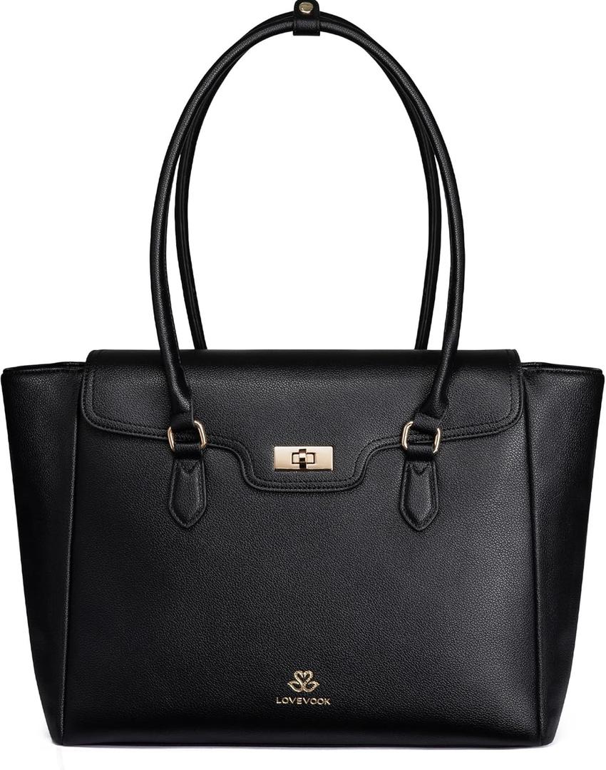 LOVEVOOK Laptop Bag for Women Soft Leather Work Bag, Office Shoulder Tote Purse Professional Briefcase with Flap Design (15.6 Inch, Black)