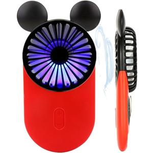 Generic Cute Mouse Personal Mini Fan, Handheld USB Rechargeable Fan with Pretty LED Light, 3 Adjustable Speeds with Portable Holder, for Indoor Or Outdoor Park School, Red