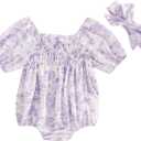 Ursobutegl Infant Baby Girls Romper Floral Ruffle Sleeve Pleated Smocked Bubble One Piece Ruched Jumpsuit Summer Bodysuit (Purple, 9-12 Months)