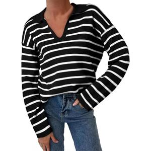 EVALESS Sweaters for Women Long Sleeve V Neck Striped Knit Drop Shoulder Fall Jumper 2025 Henley Pullover (Large)