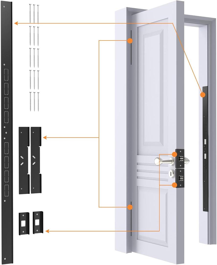 5-Piece Door Reinforcement Set for Jamb,Frame & Hinges Door Lock Security,Door Jamb Reinforcement Set,Anti Door Kick in Heavy Duty Striker Plate Kit,Tamper/Corrosion Proof Door Jamb Repair Kit (Black)