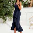 BeryLove Formal Wedding Guest Evening Midi Ruffle Dresses Prom Cocktail Party Mother of The Bride Dress (Blue, S)