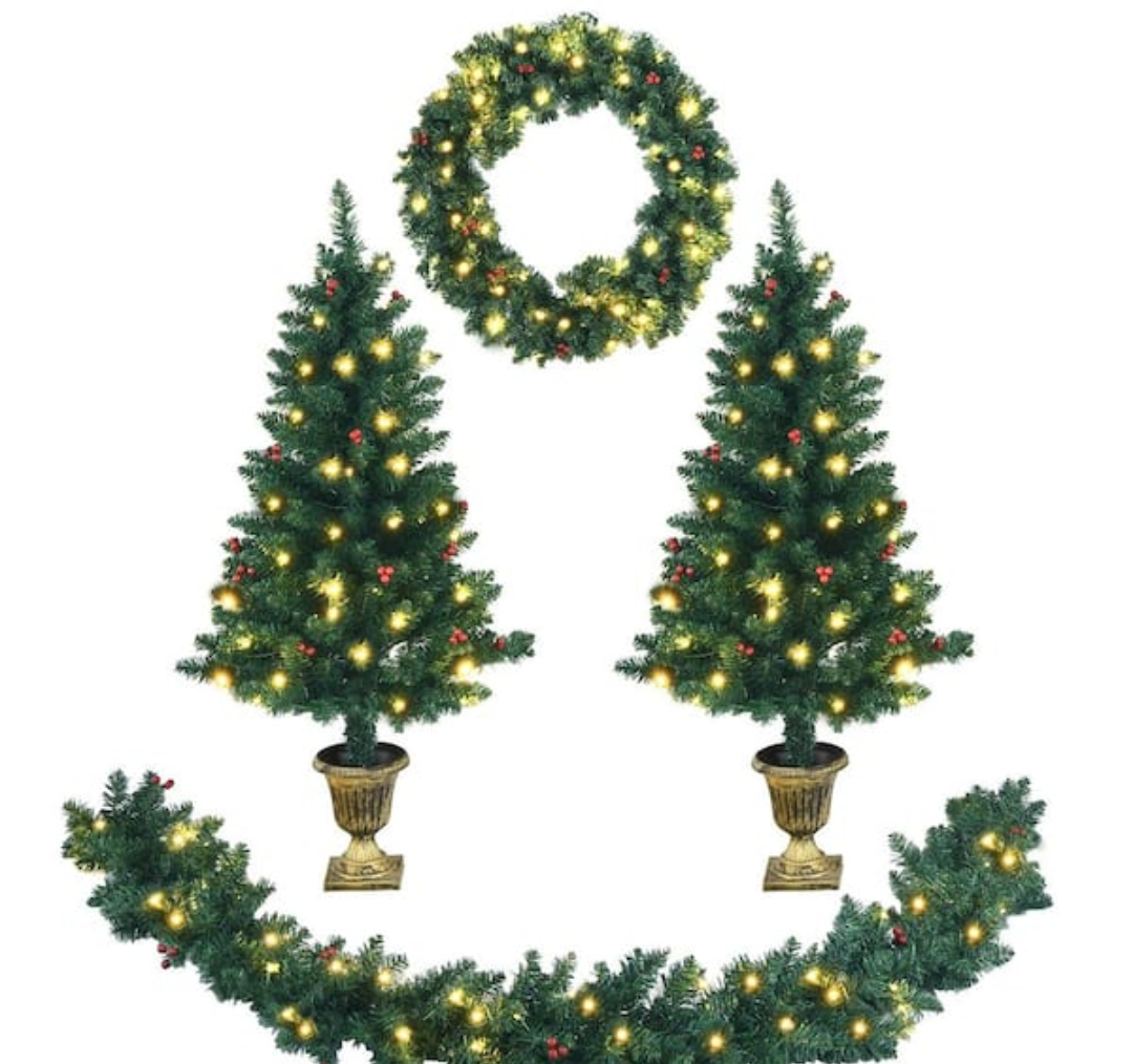 9 ft. Pre-Lit Christmas Decoration Set Artificial Christmas Garland Wreath and Entrance Trees (4-Pieces)