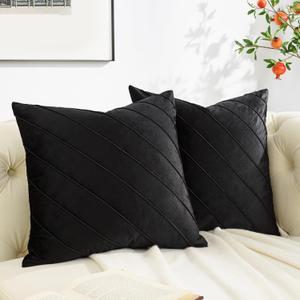 GIGIZAZA Decorative Velvet Pillow Covers 16x16, Set of 2 Black Sofa Couch Throw Pillows Covers Cases, Living Room Square Cushion Accent Stripe Covers