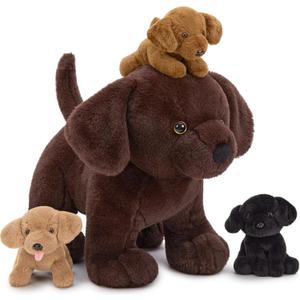 4Pcs Lab Stuffed Animals - 16" Huggable Chocolate Mama Labrador Dog with 3 Hidden Puppies (Black/Yellow/Dark Brown) - Plush Toys Gifts for Kids