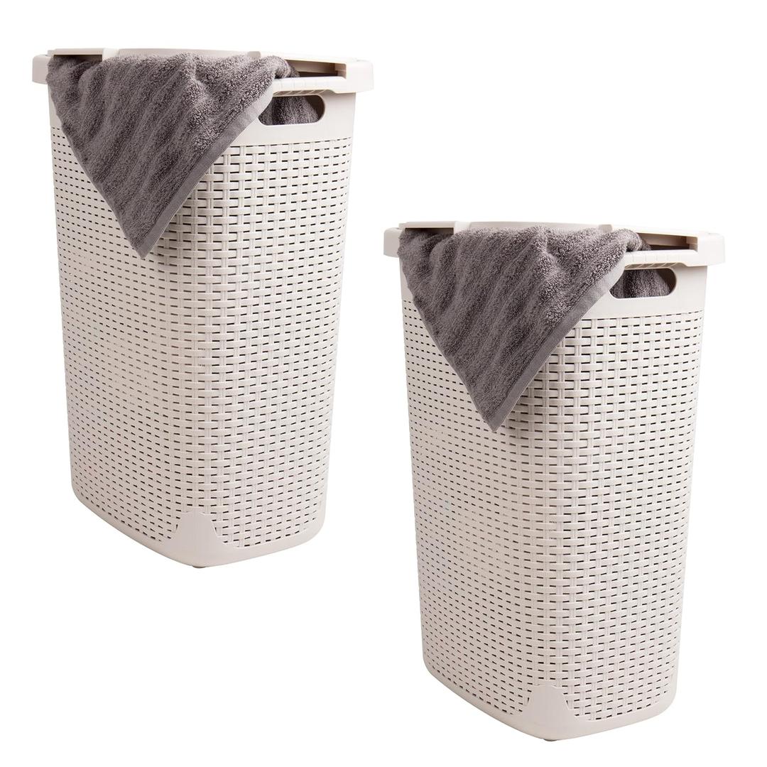 Mind Reader Slim Laundry Hamper with Lid, 60L Clothes Baskets, Premium Wicker Design, Plastic, 2-Pack, Ivory
