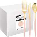 I00000 144Pcs Pink Plastic Silverware, Gold Disposable Flatware with Pink Handle, Gold Plastic Cutlery Set Includes: 48 Forks, 48 Knives and 48 Spoons Perfect for Party & Wedding