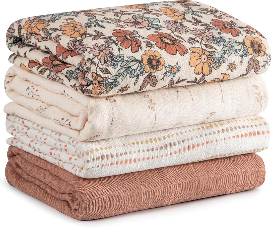 Muslin Swaddle Blankets for Newborn, 4 Pack Cotton Baby Blanket, Large 31.5 x 43.3 inch Breathable Soft Receiving Blanket, Essentials Swaddle Wrap Burping Clothes, Vintage Flowers (Chocolate Retro Floral)