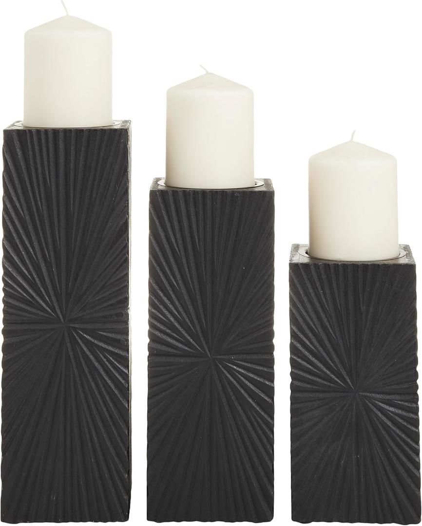 CosmoLiving by Cosmopolitan Wood Geometric Carved Pillar Candle Holder, Set of 3 12", 10", 8"H, Black