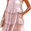 R.Vivimos Women's Summer Dress Boho Sleeveless Halter Layered Ruffle Casual Swing Mini Dress with Pockets (Pink), Large