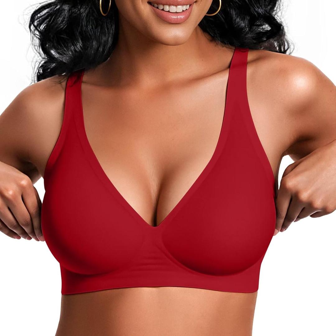 Vertvie Jelly Wireless Bras for Women Push Up Plunge Seamless T-Shirt Bras No Underwire Supportive Full Coverage Bralettes (X-Large, Red)