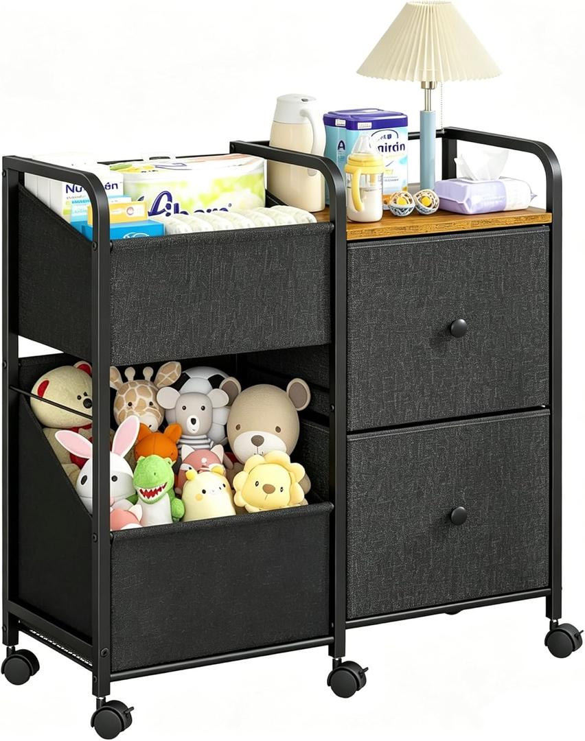 Baby Diaper Caddy Organizer Cart with Wheels, 2 Tier Rolling Cart with Dividers and Drawers, Mobile Utility Cart Bedside for Nursery, Bedroom, Baby Newborn Essentials Storage Cart, Black