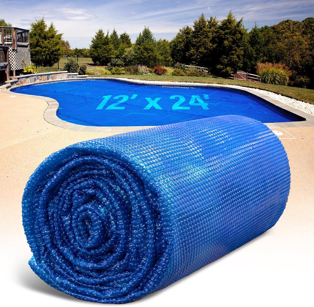 Solar Pool Cover for Inground and Above Ground Pools - 12' x 24' Rectangle 12 Mil Solar Blanket for Inground Pool, Blue