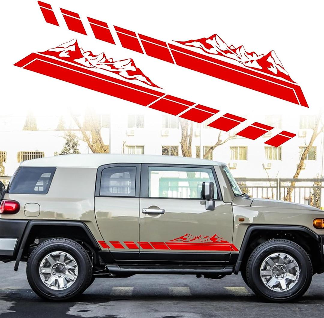 RUIANTE 2pcs Mountains Forest Graphic Stickers Car Body Door Side Decals Auto Long Stripes Vinyl Decal Racing Accessories for Car Pickup Truck SUV Camper Trailer Universal (Red)