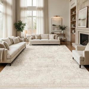 Homemate Washable Rug 9x12 Area Rugs - Vintage Faux Wool Rugs for Living Room Bedroom Dining Room - Non Slip Foldable Carpet Indoor Area Rug for Home Decor（9'x12', Beige