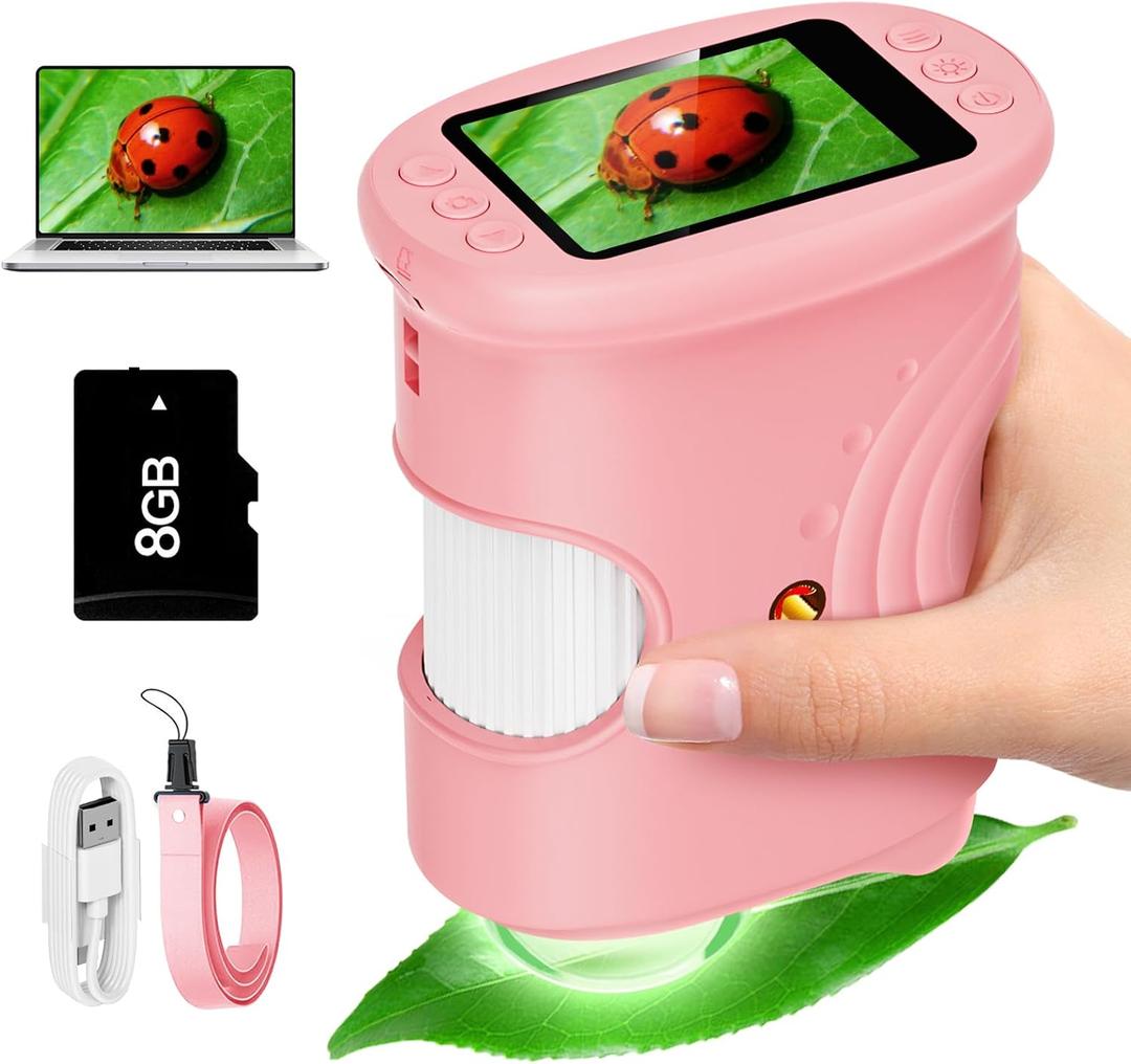 Kids Microscope Digital 1000X Zoom, Mini Pocket Handheld Microscope Portable Travel Toys, HD Photo & Video with 8GB SD Card, Christmas Birthday Gifts for Girls, STEM Toys for Toddlers Age 3-8 (Pink)