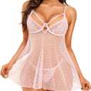 RSLOVE Women Sexy Babydoll Lingerie - Lace Sheer Mesh Sleepwear Polka Dots Bridal Chemise Nightie Dress (Small, Pink)