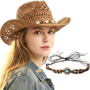 Straw Cowgirl Hat with Two Decorative Bands, Western Wide Brim Straw Cowboy Hat for Women Light Brown