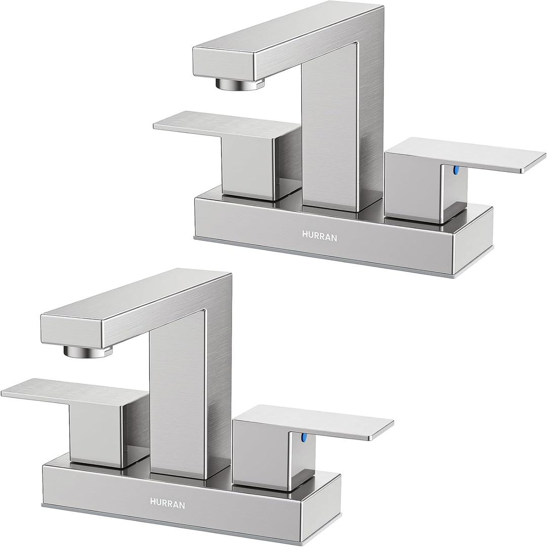 Bathroom Sink Faucet, Hurran 4 inch Brushed Nickel Bathroom Faucets for Sink 3 Hole with Pop-up Drain and Supply Lines, Stainless Steel 2-Handle Faucet for Vanity RV Restroom, 2 Pack