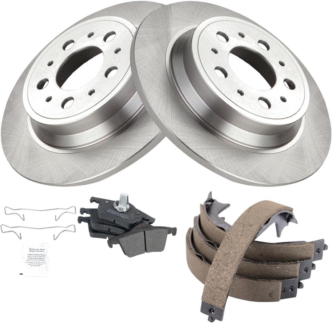TRQ Rear Brake Pad and Rotor Set Semi Metallic Parking Shoe Compatible with 2009 Volvo S60 1999-2006 S80 2003-2005 XC70