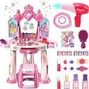 Pretend Play Girls Makeup Table Set with StoolOpen Doors by GesturesKids Vanity Set with Lights and MusicToddler Beauty Salon Set with Makeup Accessories & Hair DryerToy for Toddlers 2-5 Years Old