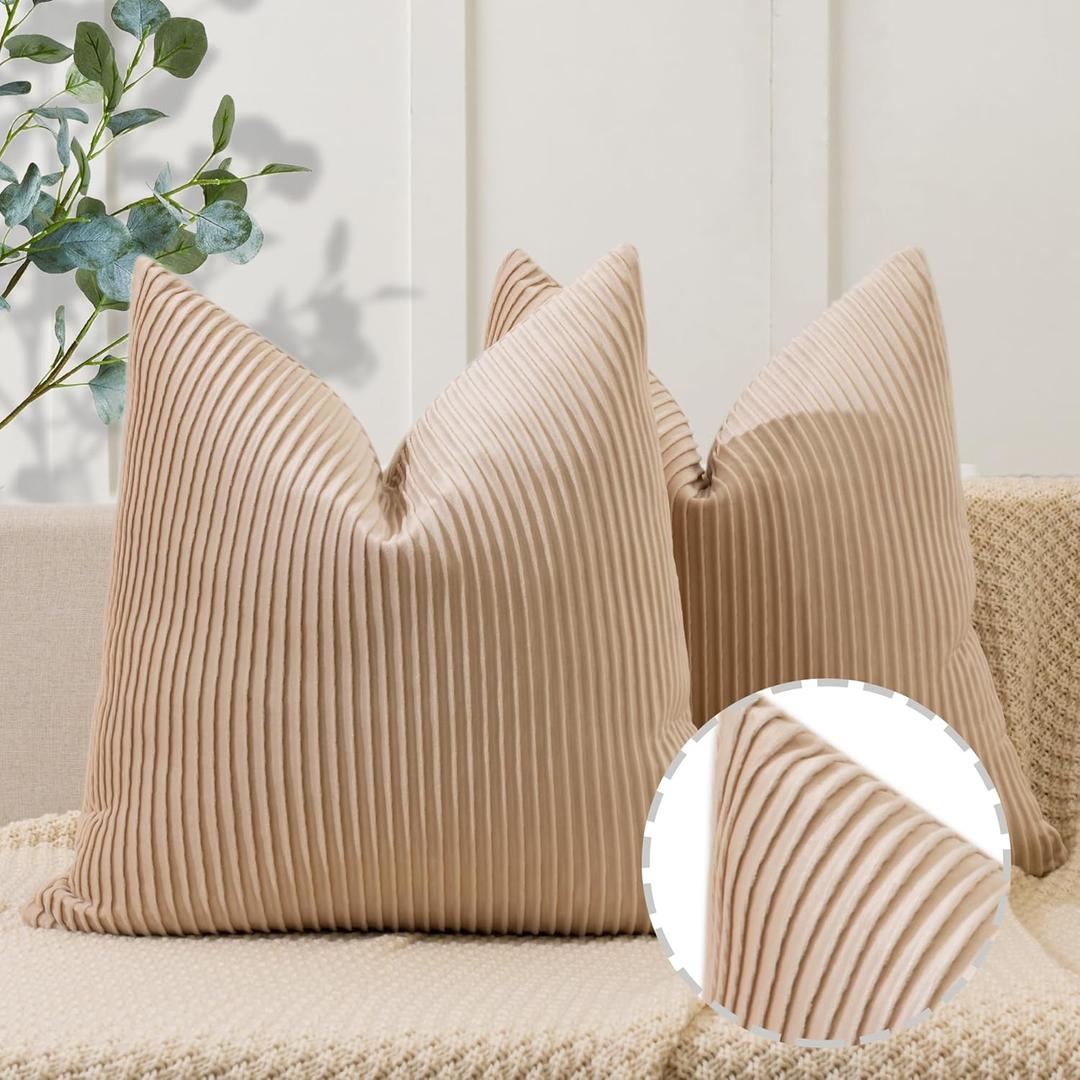 YCOLL Tan Pillow Covers 24x24 Set of 2 Velvet Striped Pattern - Soft Throw Pillows for Home Decor, Luxury Decorative Pillow Covers for Couch, Bed,Living Room