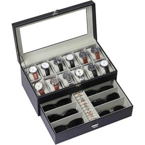 AUTOARK Leather & Velvet 12 Watch Box Jewelry Case and 6 Piece Sunglass Eyeglasses Organizer,2 Layers with 1 Drawer,Lockable,Large Glass Top,Black,MKAW043