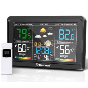 Geevon Weather Stations Wireless Indoor Outdoor Thermometer, Color VA Display Digital Weather Thermometer, Temperature Humidity Monitor with Barometer, Calendar, and Adjustable Backlight (Upgraded HD Display & TX16-3 Sensor)