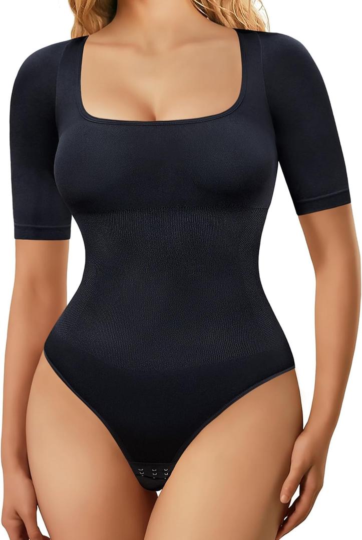 Gotoly Bodysuit for Women Tummy Control Shapewear Seamless Square Neck Tank Tops Short Sleeve Butt Lifting Summer Jumpsuit (Medium, Black)