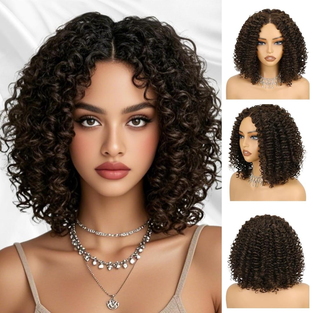 Brown Curly Wigs for Black Woman Glueless Synthetic Lace Front Wig with Pre Cut HD Lace Hairline 12 Inch Beginner Friendly Bob Wig Easy to Wear and Go for Daily Use