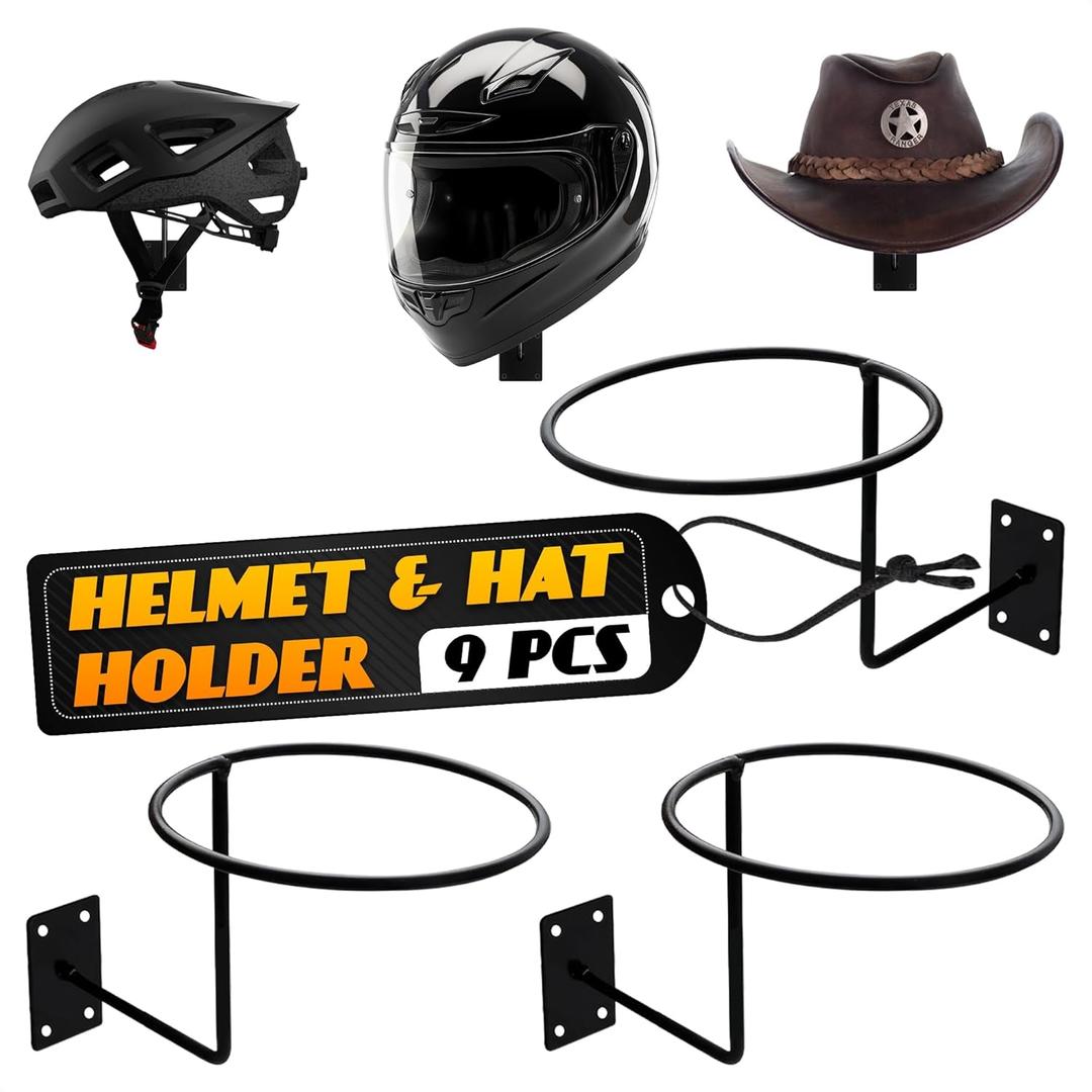 9 Pcs Helmet Holder Wall Mount - Reliable Cowboy Hat Holder for Wall Made of Sturdy Metal, Easy & Firm Installation, Convenient Storage of Helmets & Hats for Entryway Organization - 35 Lbs Max Load