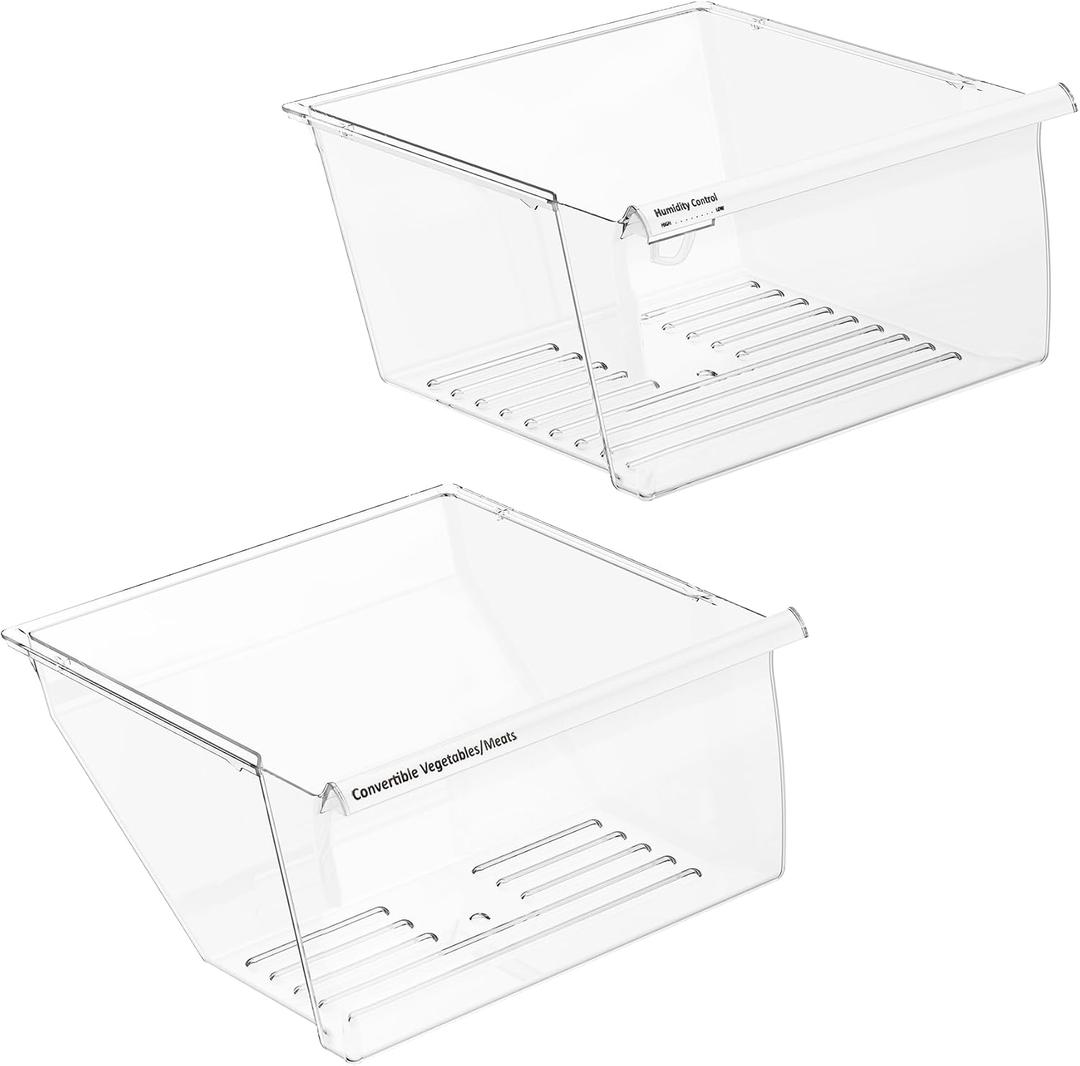 [2 Pack] 2188656 (Upper) & 2188664 (Lower) Upgraded Crisper Bin Refrigerator Drawers,Compatible With Whirlpool Refrigerator,Kenmore Refrigerator Drawer,WP2188656 Fridge Drawer Humidity Control